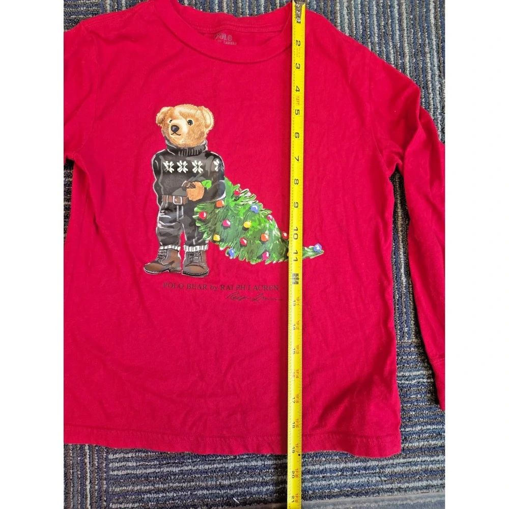 Polo Ralph Lauren Bear Long Sleeve T-Shirt Kids Size 7 Christmas Tree Red